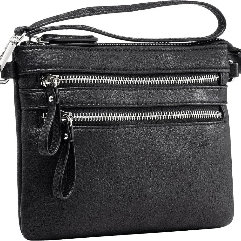 Vegan Faux Leather Mini Crossbody Handbag with Zipper Pockets and Tassel